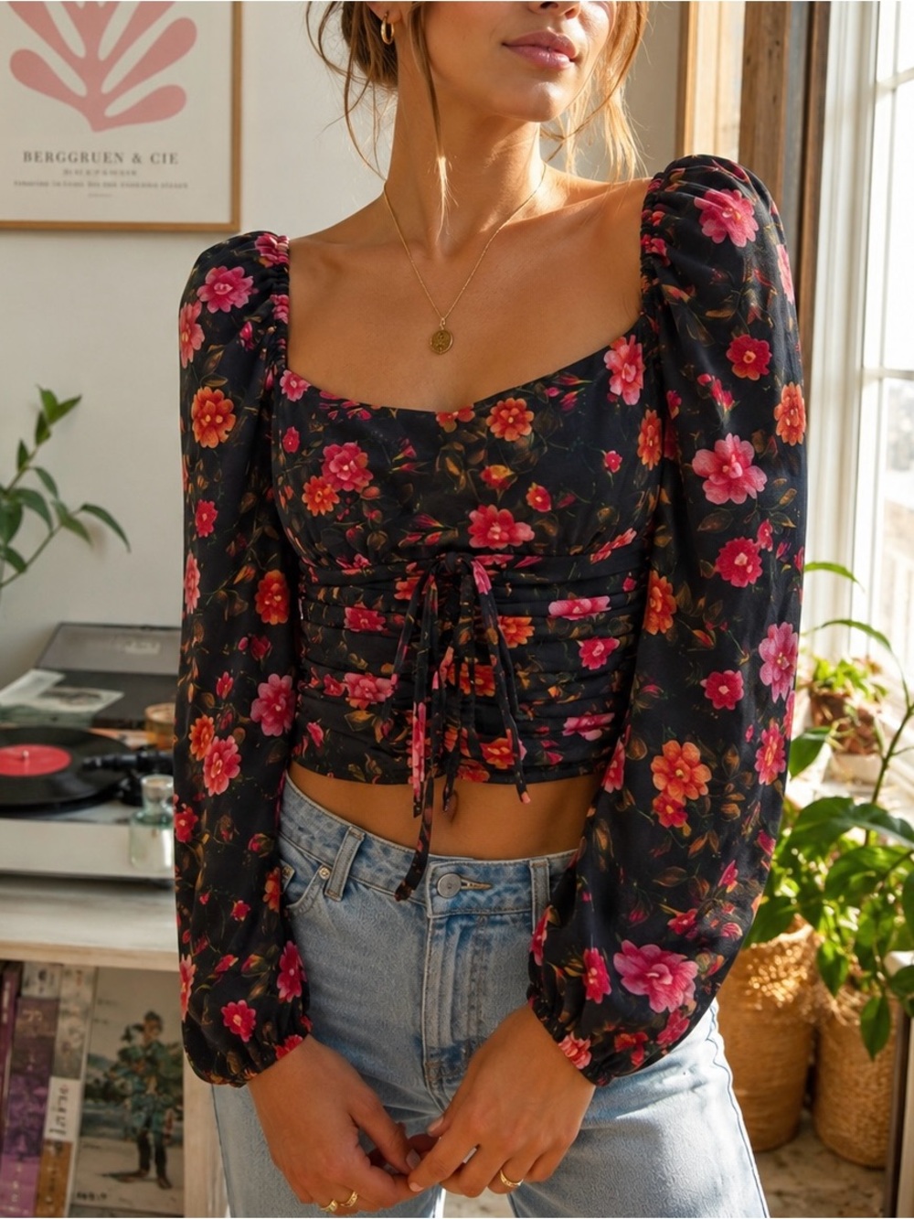Finders Keepers Black Floral Ruched Square-Neck Crop Top